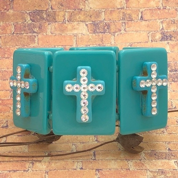 🌼 Turquoise Cross Wide Blue Panel Stretch Bracelet - Picture 1 of 2
